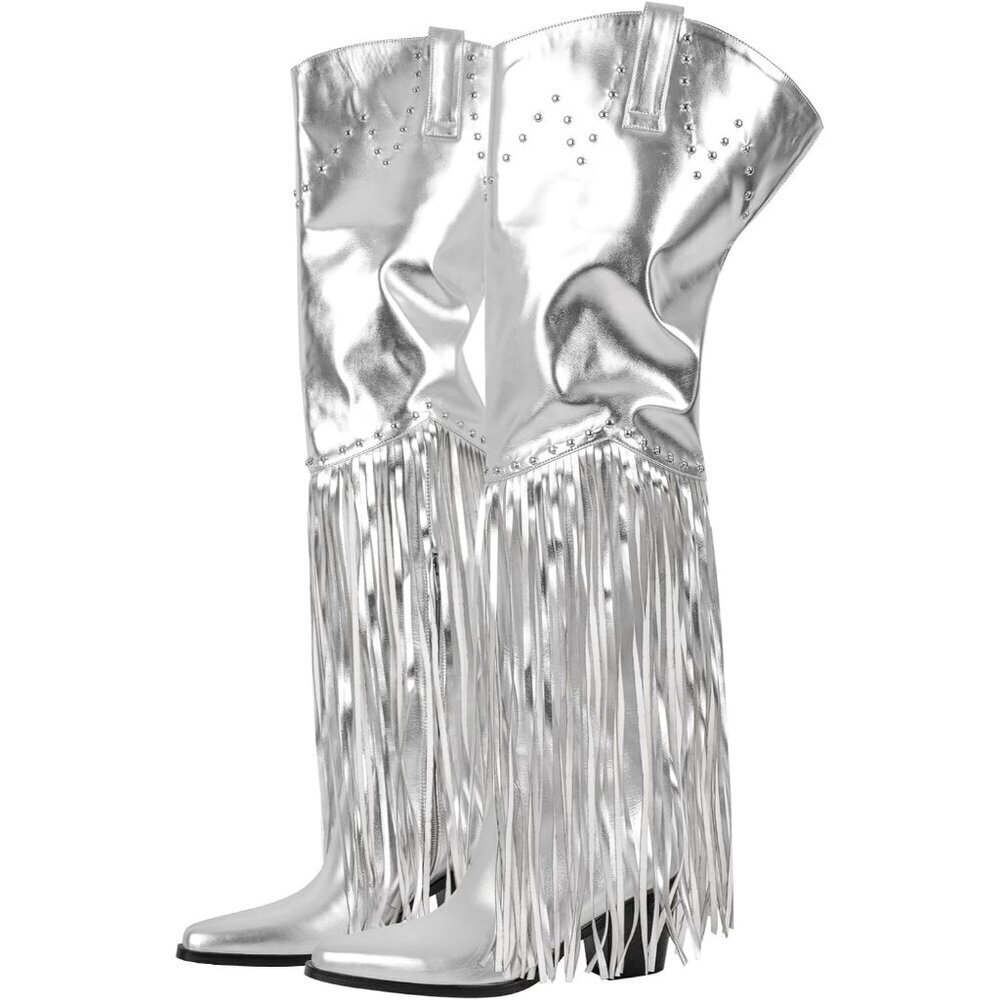 Women Silver Synthetic Fringe Thigh High Tassel Wide Calf Over Knee Pointed Boot
